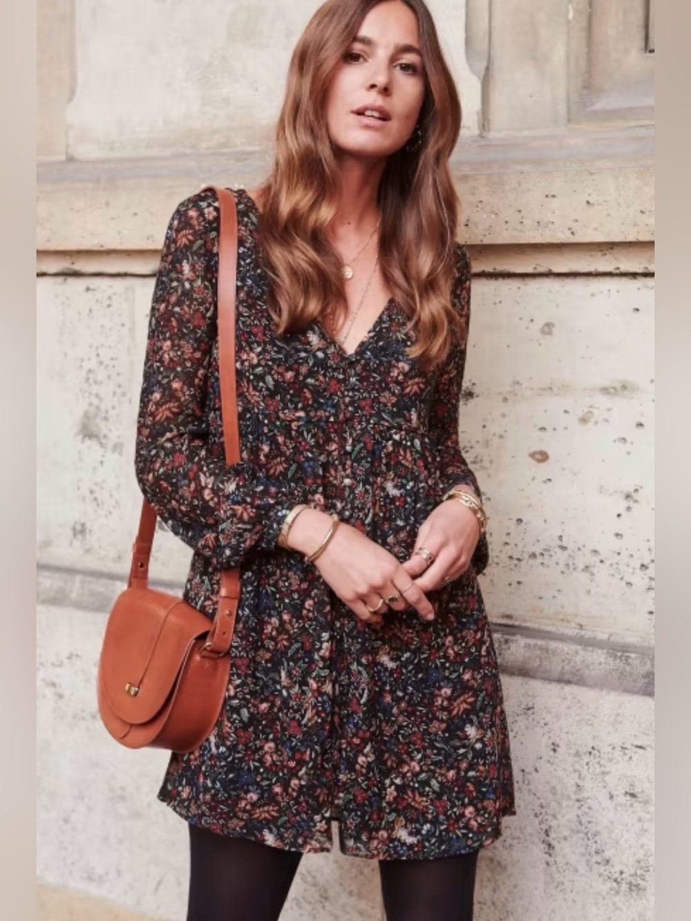 SEZANE Carina Dress Printed Black Foliage Long Sleeve 38 6 M